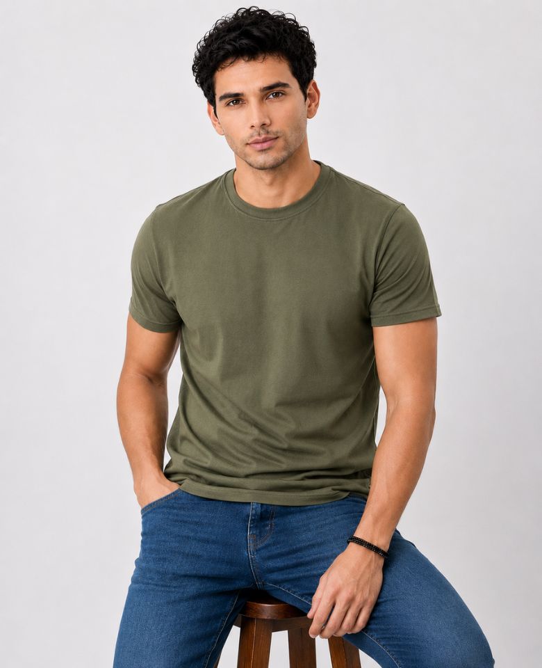 Stagley Men's 100% Cotton Round Neck T-Shirt | Soft, Breathable & Comfortable | Half Sleeve | Regular Fit | Solid Casual Everyday Wear (Olive Green)