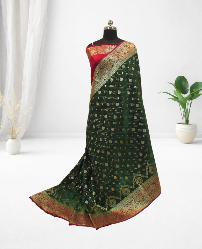 banarasi silk saree zari work Bottle Green